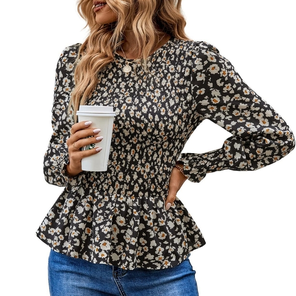PrettyGarden Tops - PrettyGarden Floral Smocked Babydoll Top Women's L Black White Cottagecore Y2K